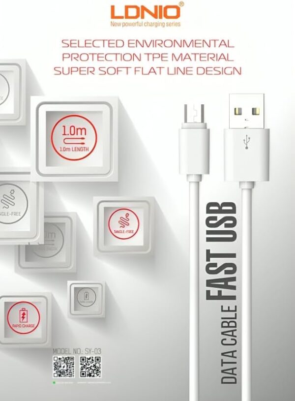 LDNIO SY-03 Micro 2.1A Fast charging Data Cable 1M Length - White - Image 3